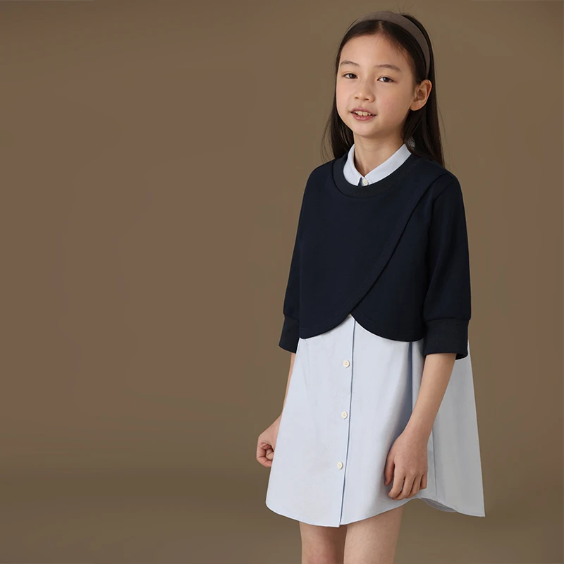 哈齿童装2025新款秋季儿童卫衣叠穿无袖衬衫连衣裙女童真两件套装