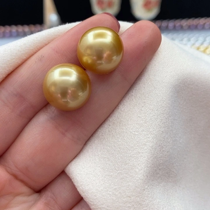 18K金镶嵌耳饰海水珍珠14.4mm南洋金珠