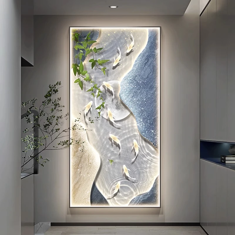 九鱼图玄关装饰画现代轻奢客厅过道入户门挂画高级感走廊尽头壁画