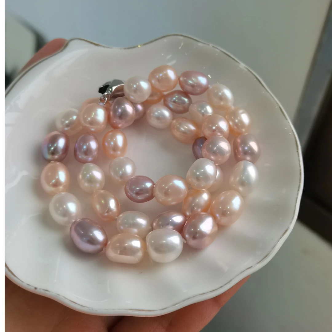 新品上新 淡水无核珍珠项链碎银子紫色8-9淡水巴洛克项链彩色