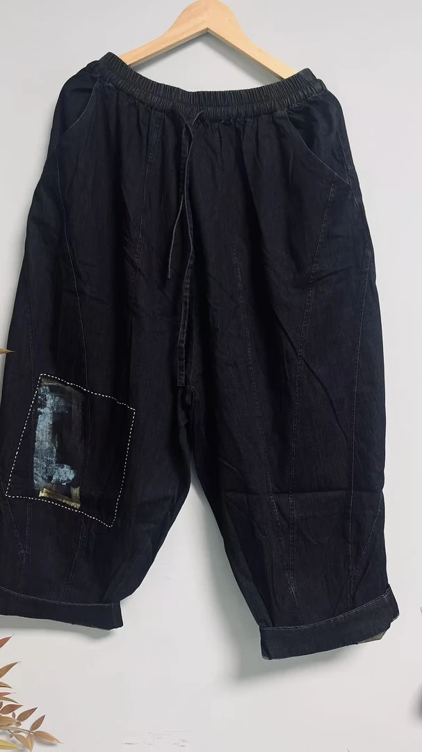 麻缘布衣梅姐推荐＃复古宽松牛仔裤时尚休闲松紧腰加大码