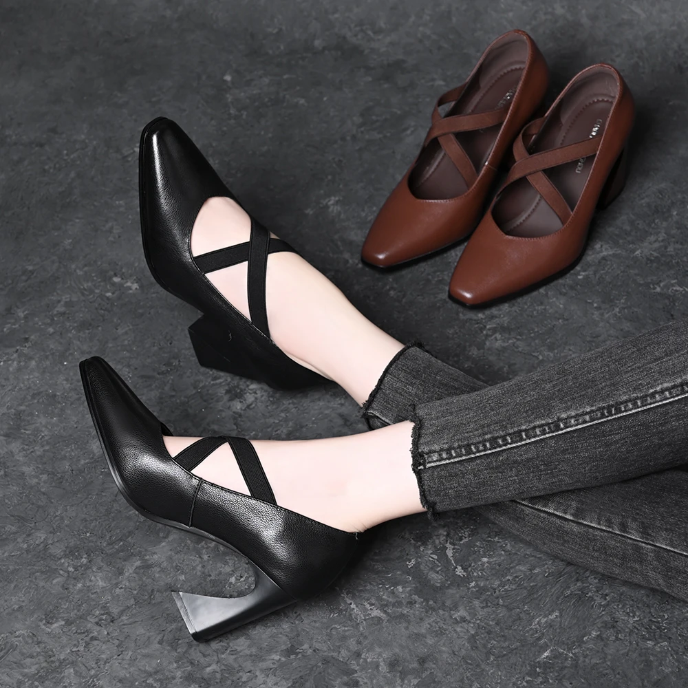 头层牛皮法式复古交叉带玛丽珍女2025新款浅口粗跟气质显瘦高跟鞋