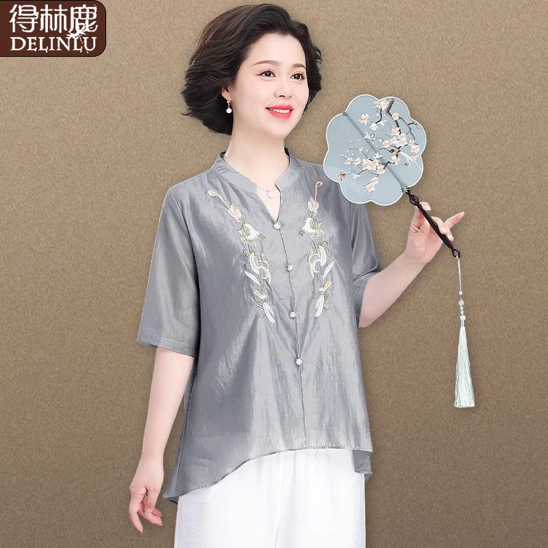 妈妈装夏2025新款高端品牌套装中老年人女夏季雪纺小衫洋气上衣