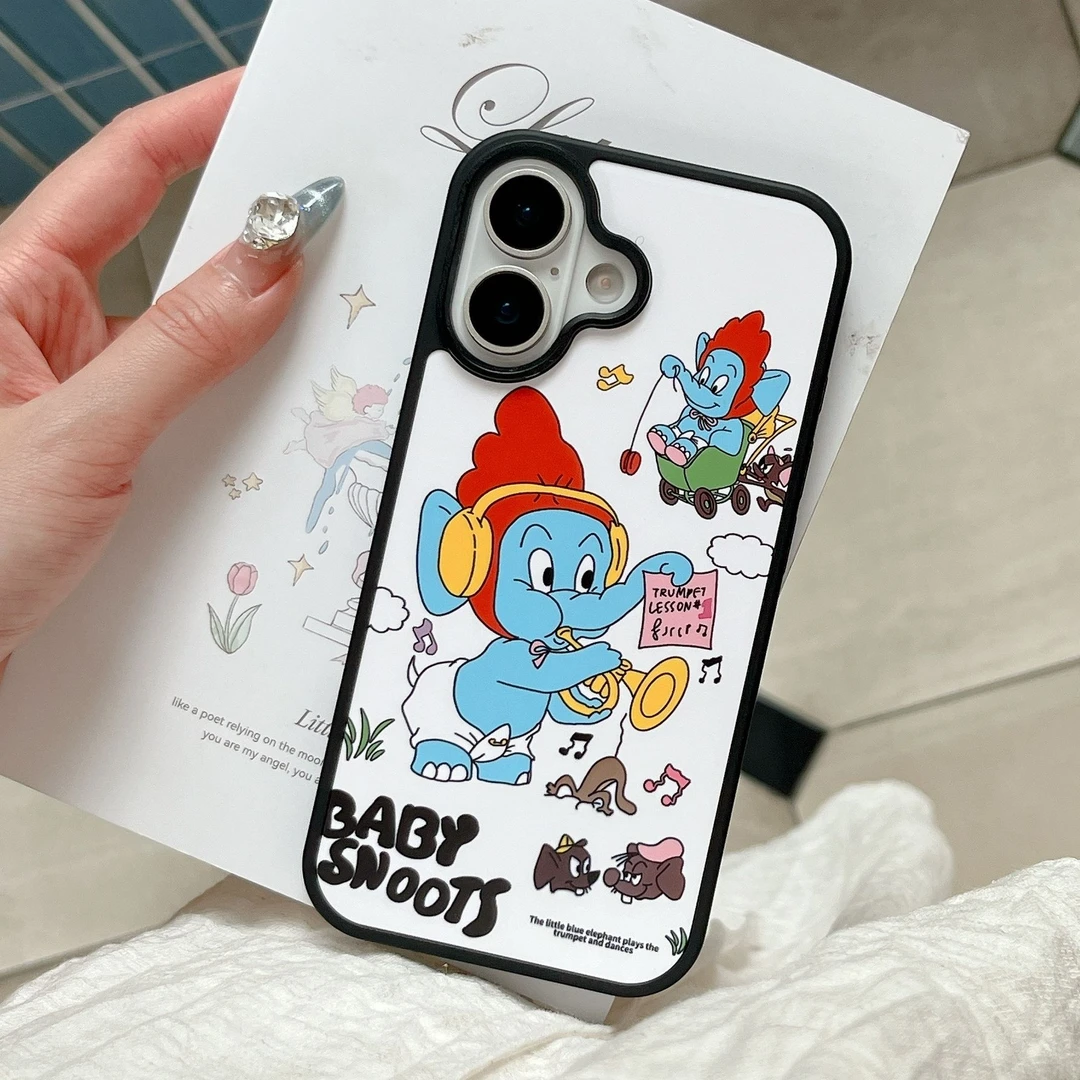 卡通音乐大象适用苹果16promax手机壳iphone15全包肤感磨砂黑边框