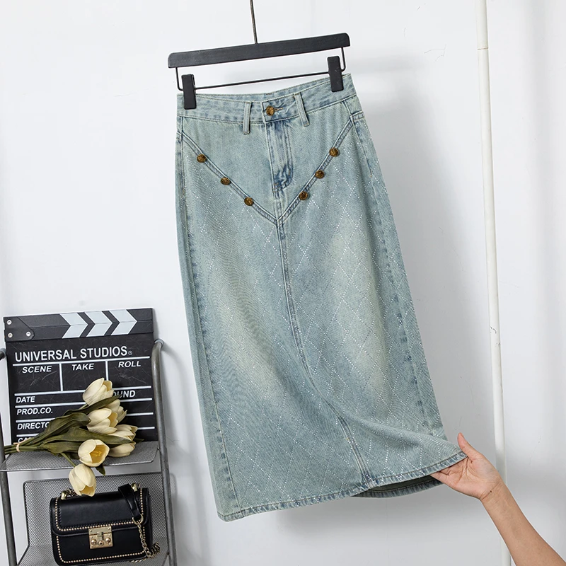 高定重工烫钻显瘦牛仔裙女后开叉夏季薄款高腰百搭半身裙9716
