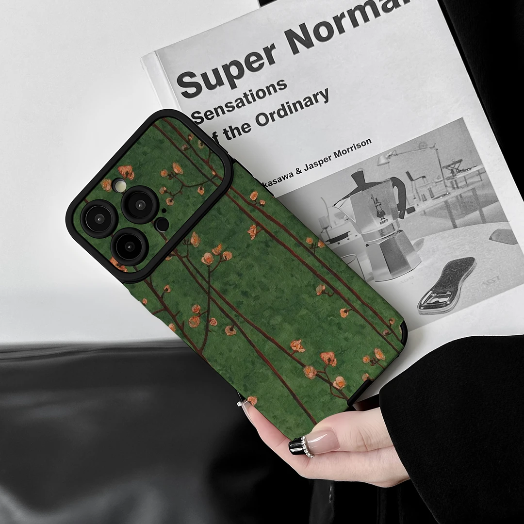 适用苹果17ProMax手机壳软壳全包保护皮质防摔大视窗绿色粉色花枝