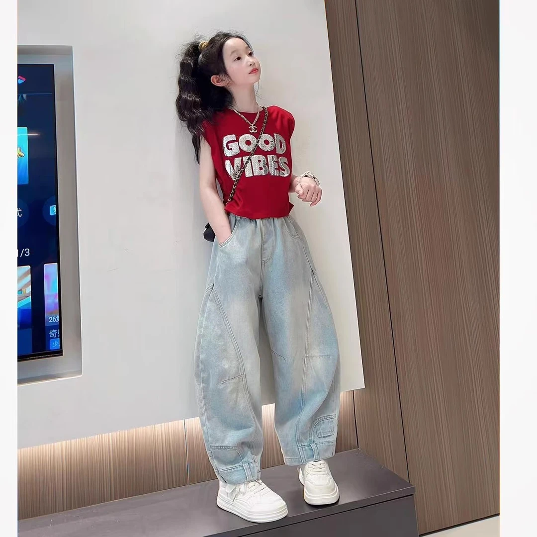 女童韩版夏季套装2025儿童新款无袖上衣牛仔裤两件套薄款炸街夏装