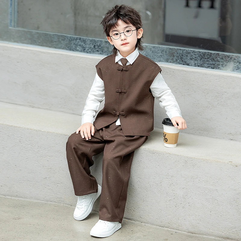 男童春秋新中式套装国风复古唐装马甲儿童活动主持人走秀演出礼服