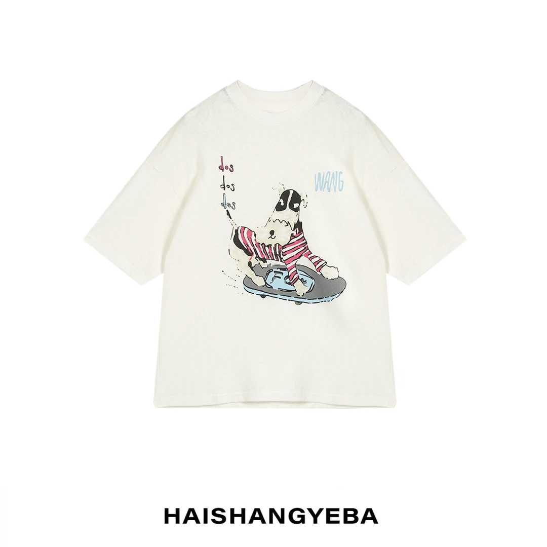 【海上叶爸】新款2025夏季百搭棉圆领套头宽松图案T恤