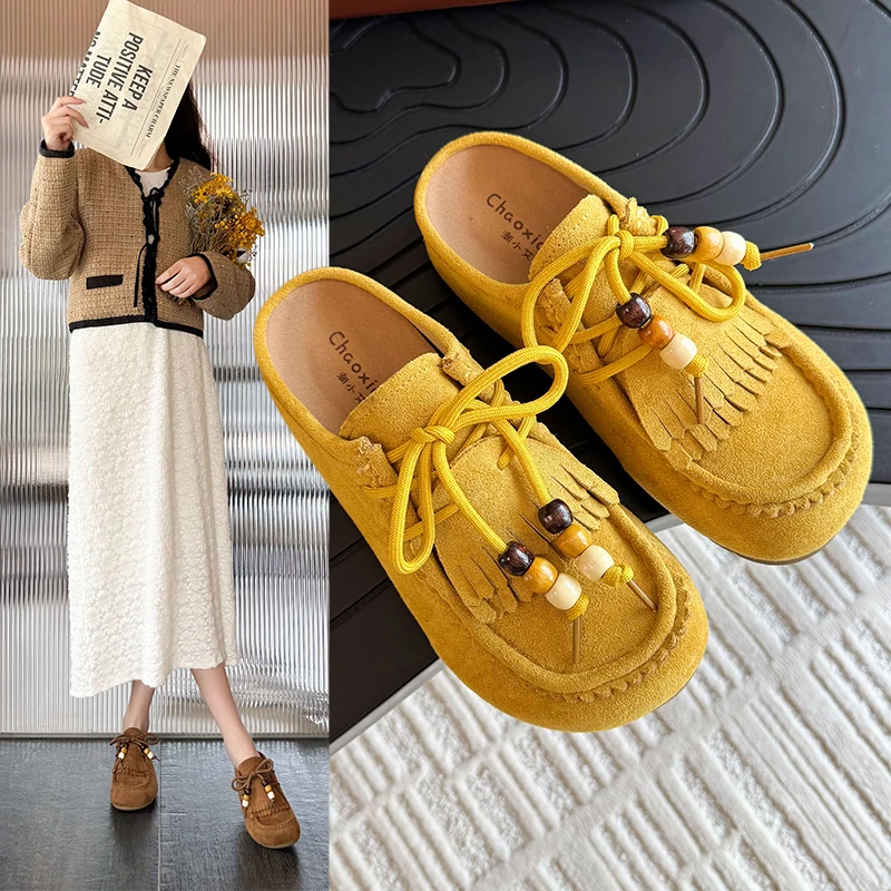 2025新款勃肯鞋女外穿半包拖女一脚蹬懒人鞋流苏包头平底软底拖鞋