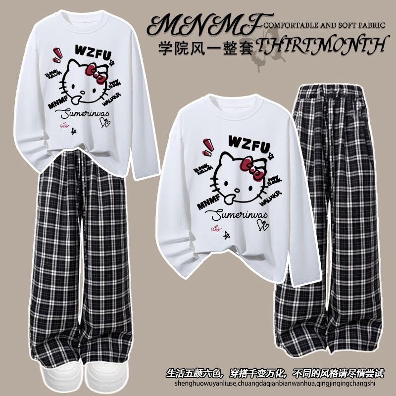 秋季韩系卡通凯蒂猫女童长袖t恤套装百搭学院风中大童宽松两件套