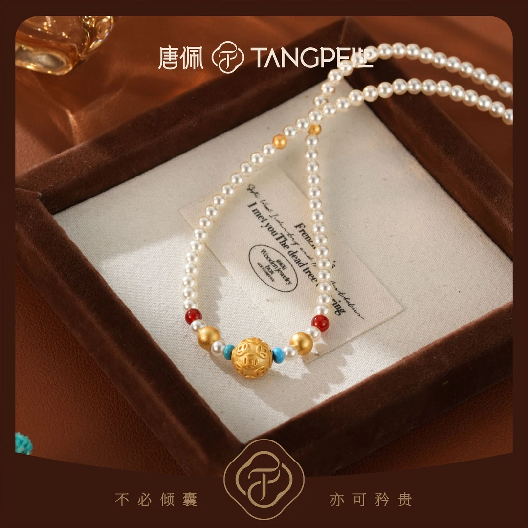 铜合金玻璃项链 设计感新中式铜钱串珠项链国风小众优雅时尚饰品