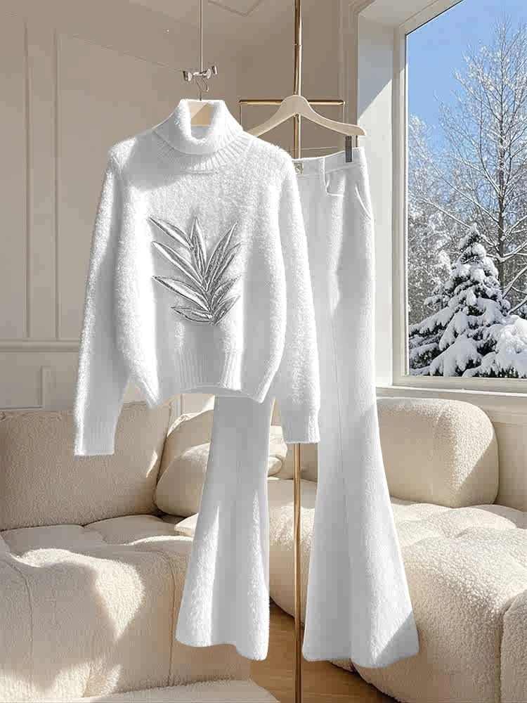 一整套冬季穿搭小个子高端独特好看白色百搭显瘦毛衣长裤休闲套装