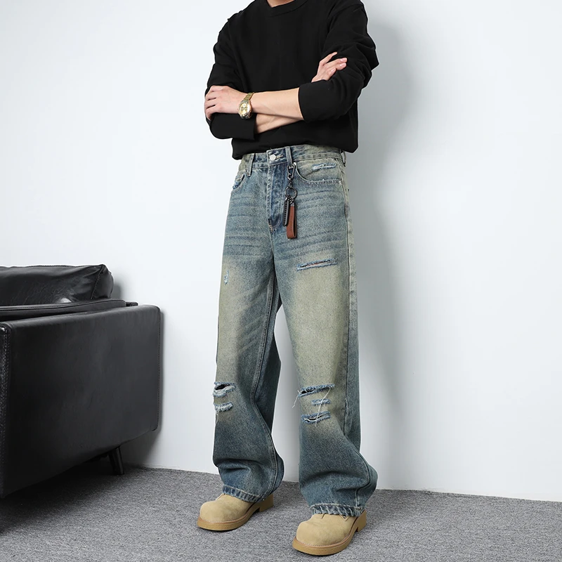 美式复古牛仔裤男蓝色泥黄破洞宽松直筒阔腿裤男士大码破洞长裤子