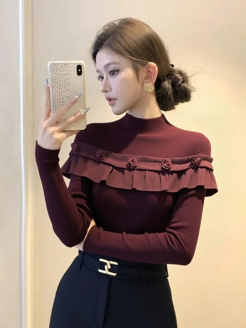 小众设计感酒红色立领打底衫秋冬新款时尚百搭荷叶边拼接针织毛衣