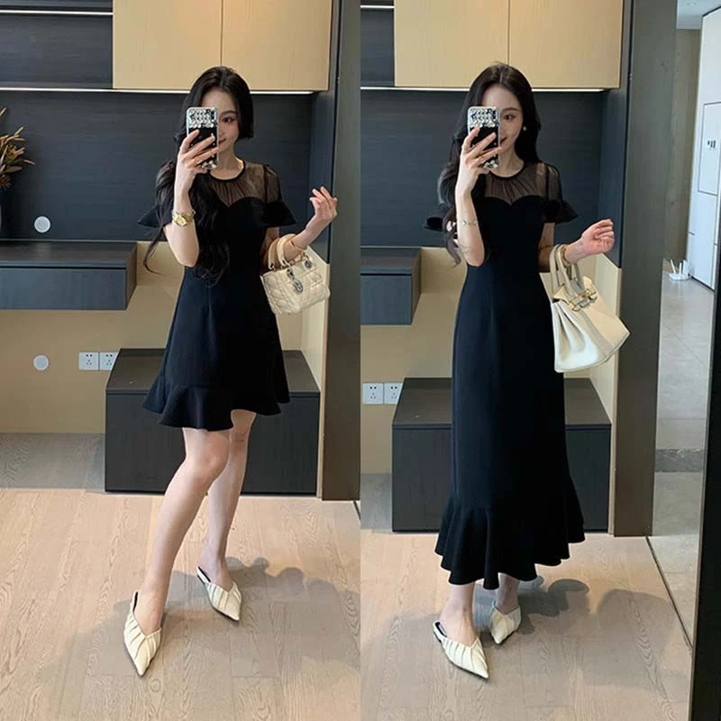 2025夏季法式时尚赫本风网纱拼接收腰显瘦气质黑色连衣裙D2768