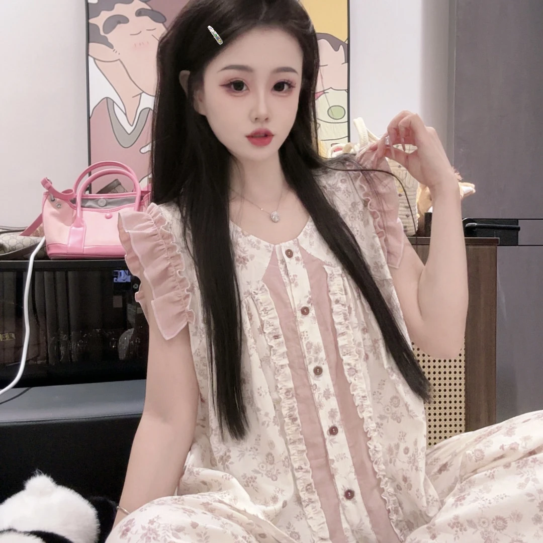 (莓莓兔)夏季气质显瘦高级感纯棉睡衣无袖女家居服可外穿套装