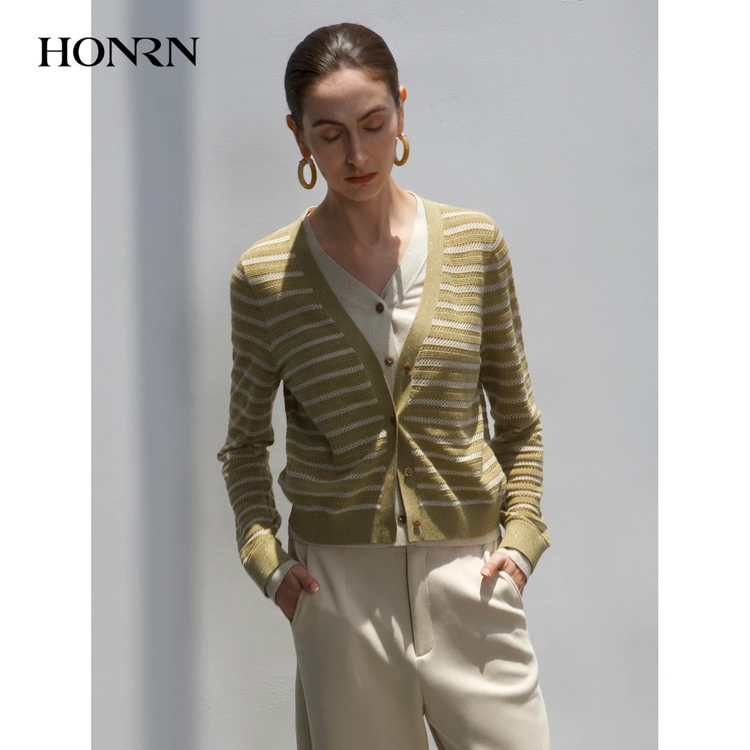 HONRN红人开衫款条纹春夏宽松型女毛针织衫秋冬上衣气质短款33324