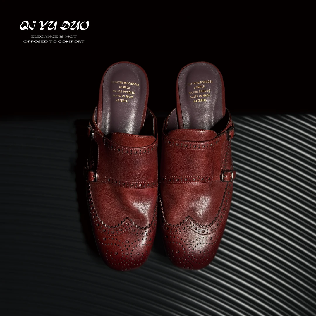 【七与多】牛皮/2cm/英伦风雕花包头拖鞋女外穿双扣平底牛津半拖鞋