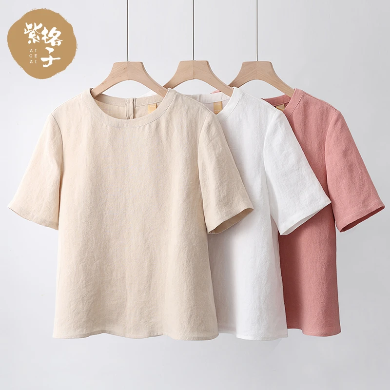 夏季新款汉麻短袖女春夏百搭小衫女文艺麻料上衣时尚简约套头女装