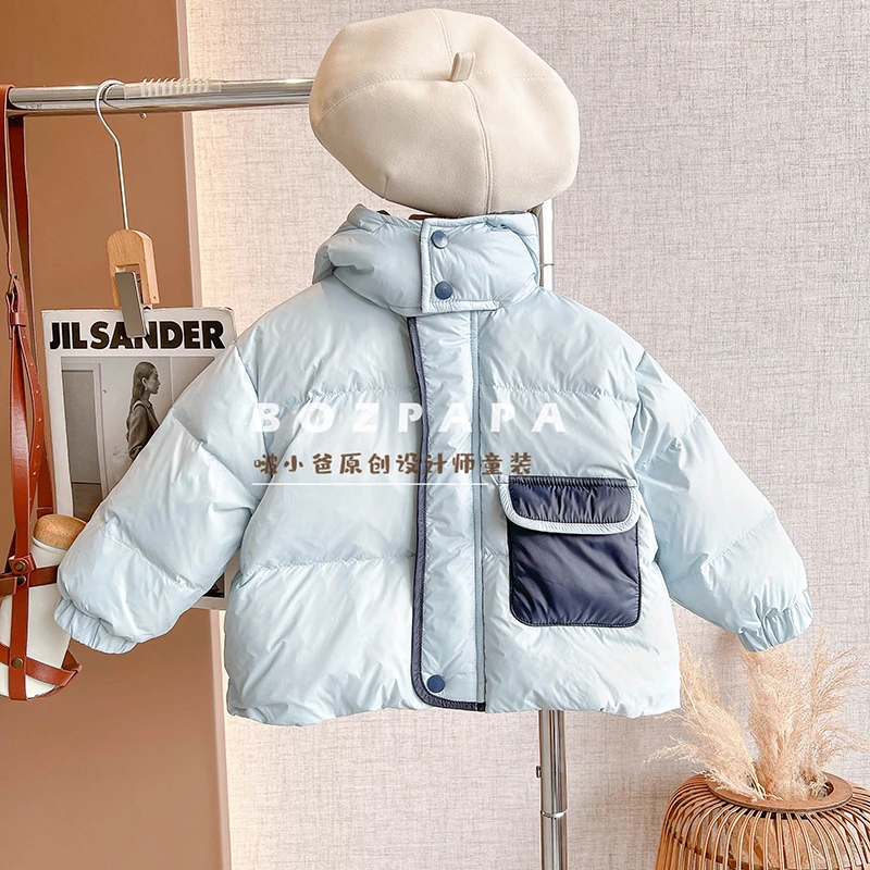 现货啵小爸【湛蓝天使】2024秋冬季男童韩版连帽拼色设计羽绒外套