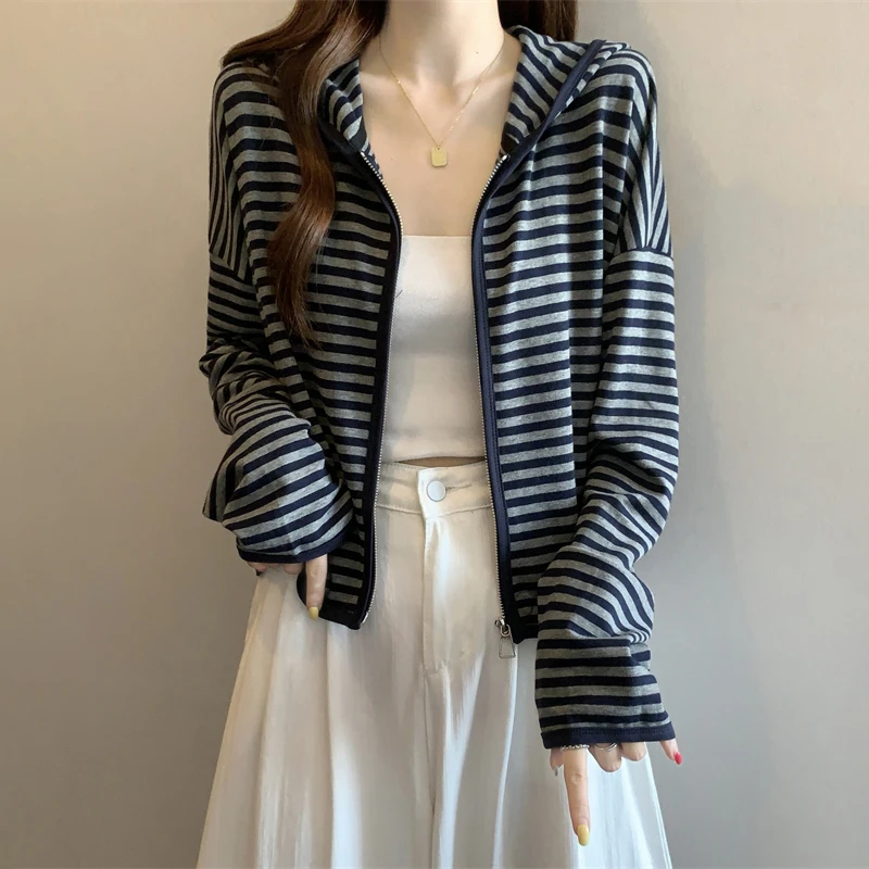 条纹连帽正肩长袖卫衣女2025早秋大码胖mm慵懒风宽松短款外搭上衣