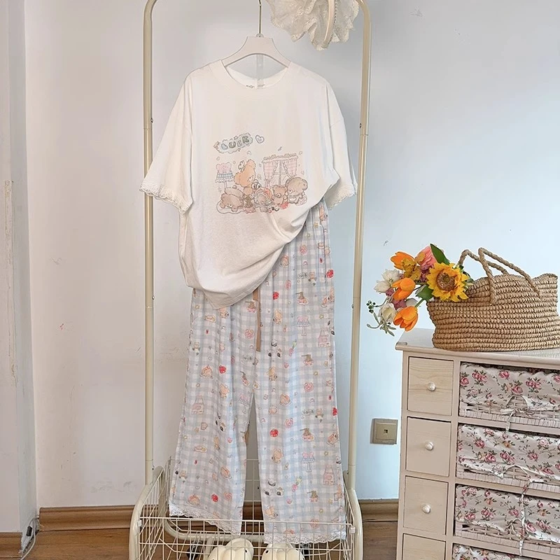 ins日系可爱少女睡衣女夏季新款薄款短袖长裤卡通小熊印花家居服