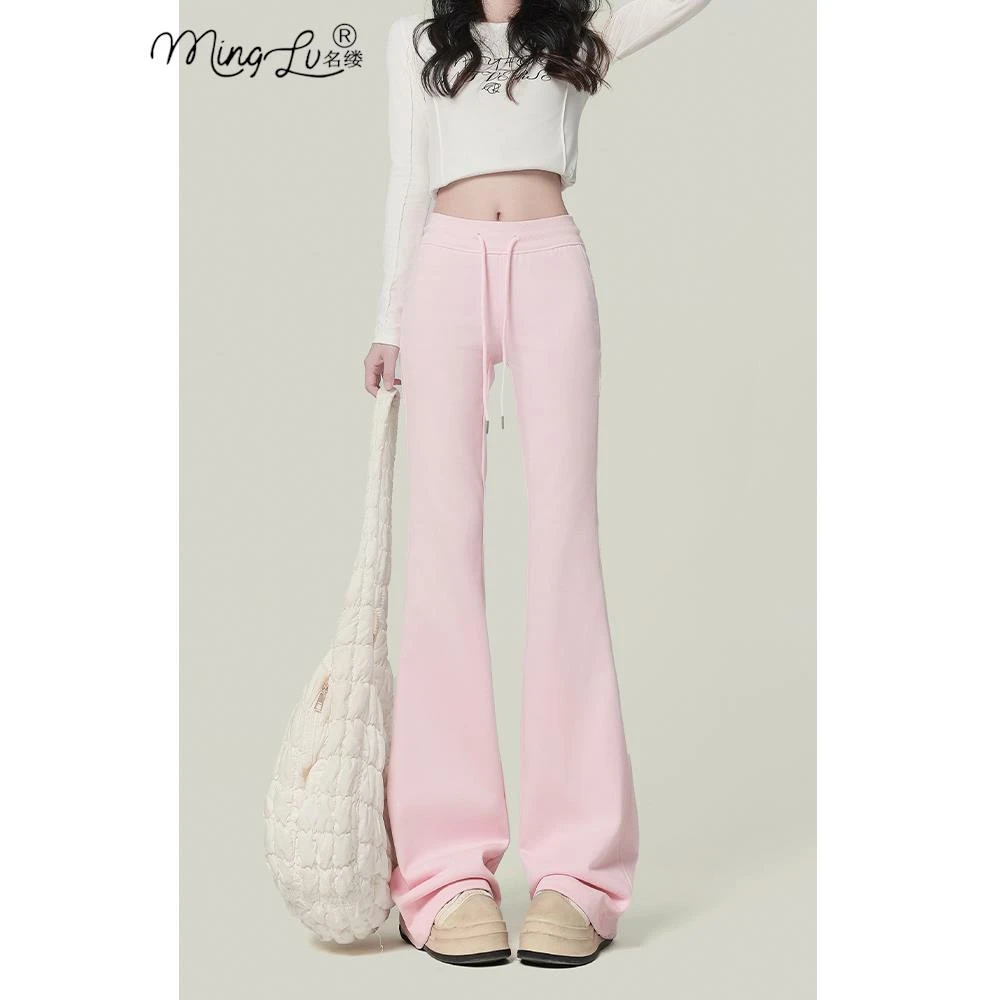 粉色高腰微喇叭休闲裤女2025年冬季新款修身显瘦拖地瑜伽运动卫裤