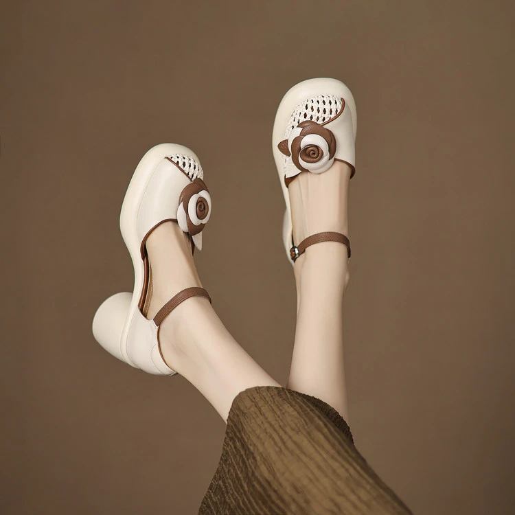 6.5CM 2025夏季新款粗跟厚底包头凉鞋时尚百搭高跟圆头真皮女鞋