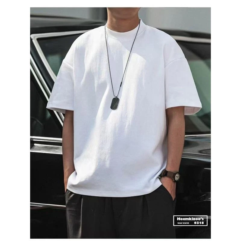 300G重磅纯棉美式小领口短袖t恤男夏季宽松休闲上衣白色打底A10-1