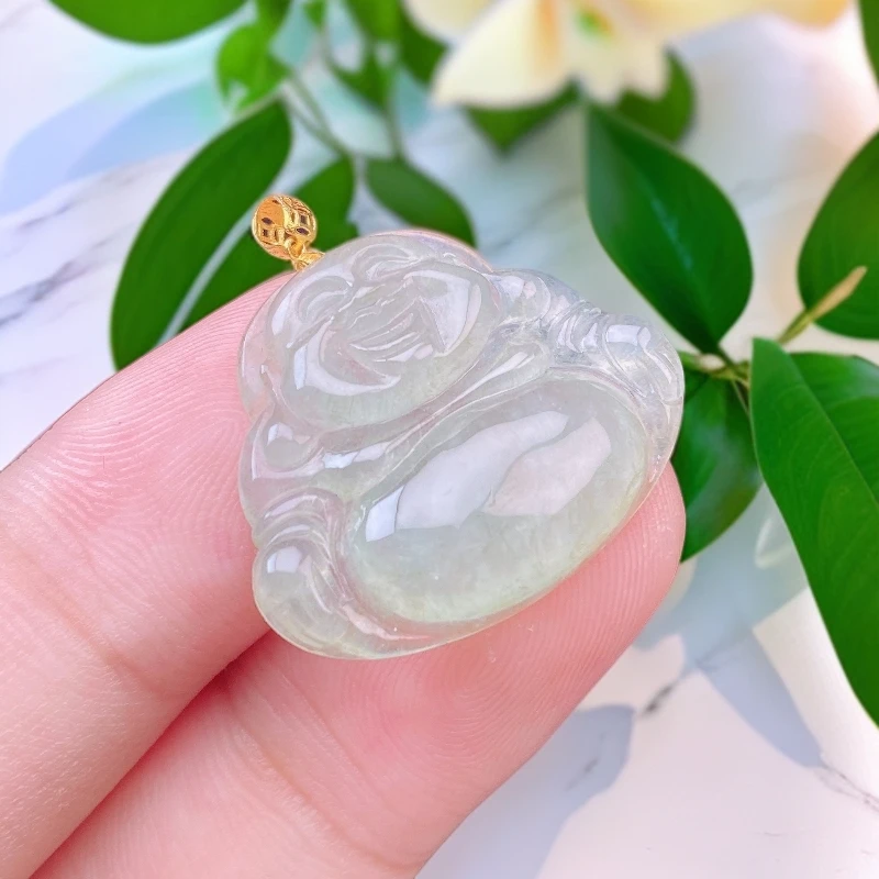 缅甸天然A货翡翠冰润带黄精美佛公吊坠男女款玉石挂件23-25.8-4.8