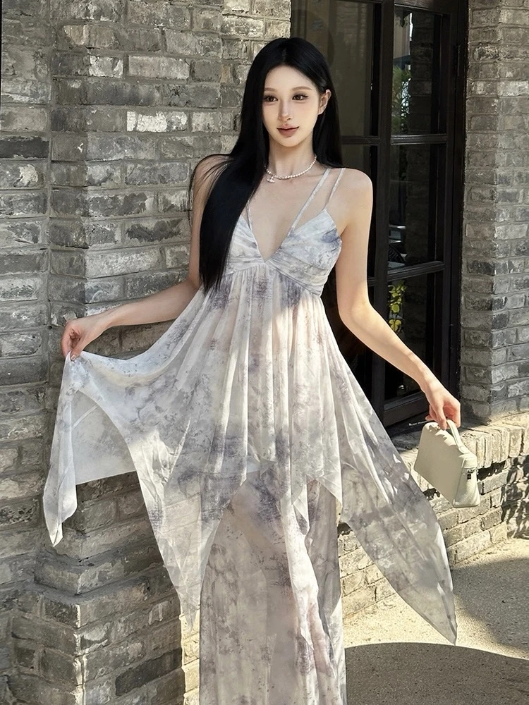 「4FMoon」水墨晕染微透不规则吊带气质温柔半身裙套装