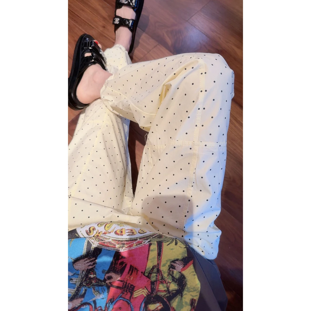 【张静芝】奶黄色波点抽绳松紧腰工装休闲裤