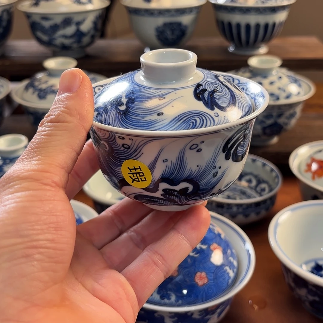 常***愉景德镇纯手工手绘海浪盖碗