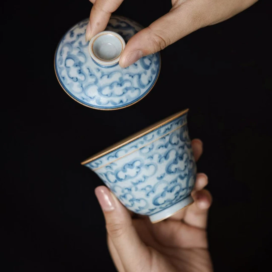 朴云堂盖碗祥云复古手绘青花家用斗彩盖碗家用茶具纯手工茶道茶器
