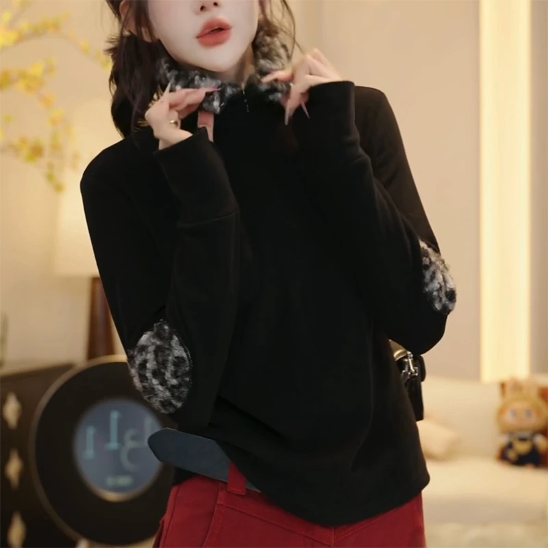 洋气时尚毛边翻领打底衫T恤女秋冬新款高级显瘦内搭豹纹拼接上衣