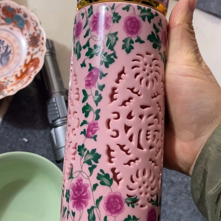 摆件陶红稀土绿叶玲珑保温杯