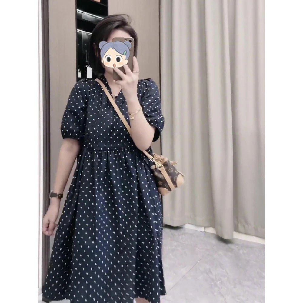 法式复古遮肚波点印花连衣裙女2025夏季新款茶歇文艺浪漫小黑裙子