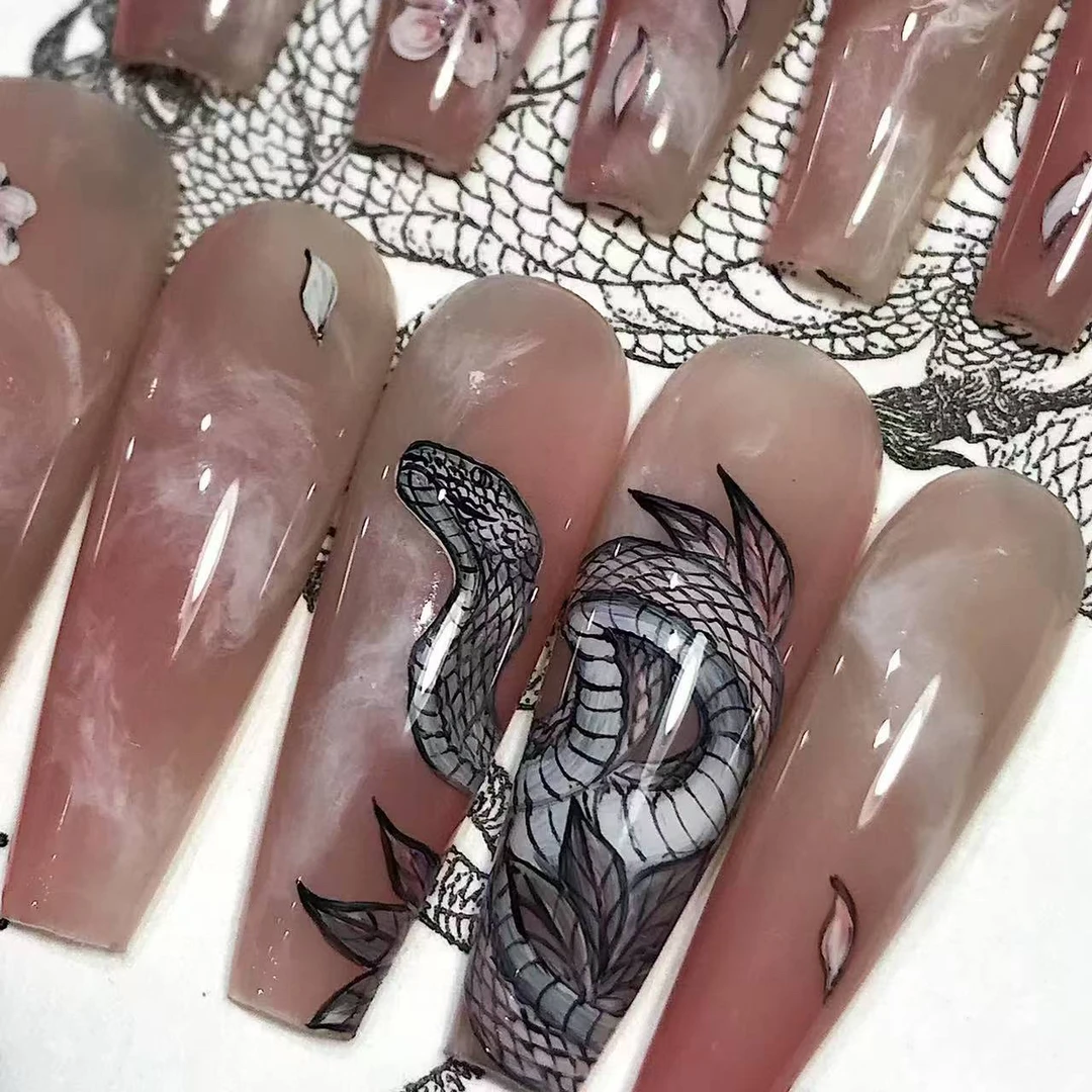 吾乃山鬼国风玉石手绘蛇纹晕染美甲穿戴甲可拆卸假指甲定制
