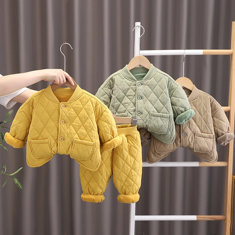 冬季新款儿童休闲洋气加绒加厚保暖套装0-2-3-4岁男童宝宝棉服XYF