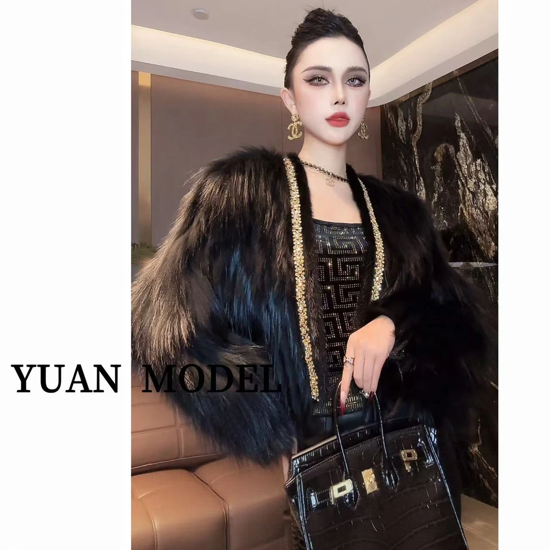 YUAN MODEL/媛老板-【黑金女王】高端烫钻气质贵妇草外套 102456