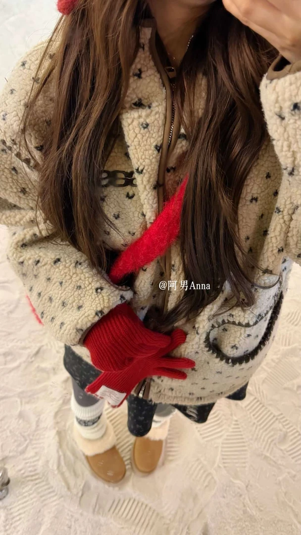 「阿男Anna 」波点可可  韩系甜美氛围感提花羊羔毛厚外套1125