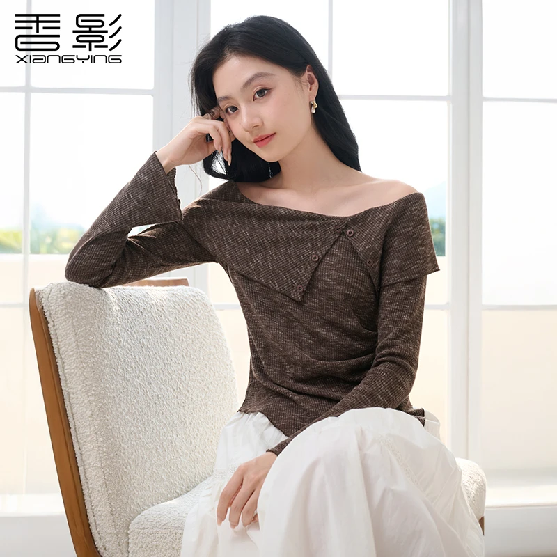 【直播专享】T85A576 T恤 香影一字领针织衫上衣女秋季新款气质长