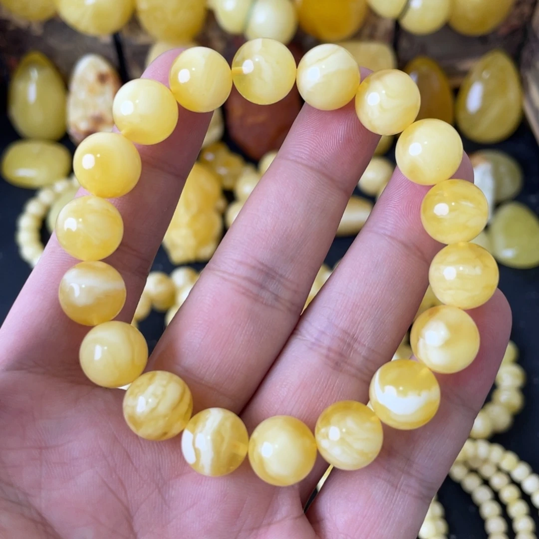 琥珀未镶嵌手串11+俄料妖白花圆珠手串