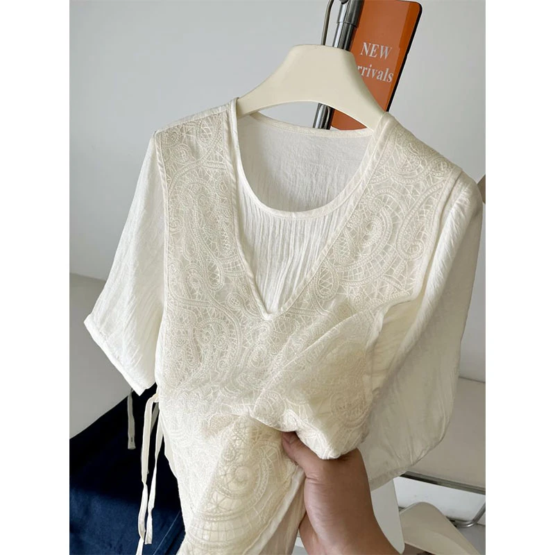 加大码300斤法式蕾丝拼接假两件短袖衬衫男气质宽松显瘦圆领上衣2