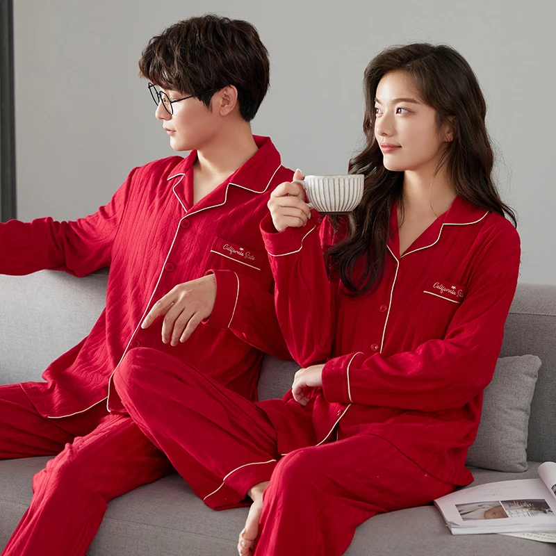 情侣大红休闲长袖家居服套装12769