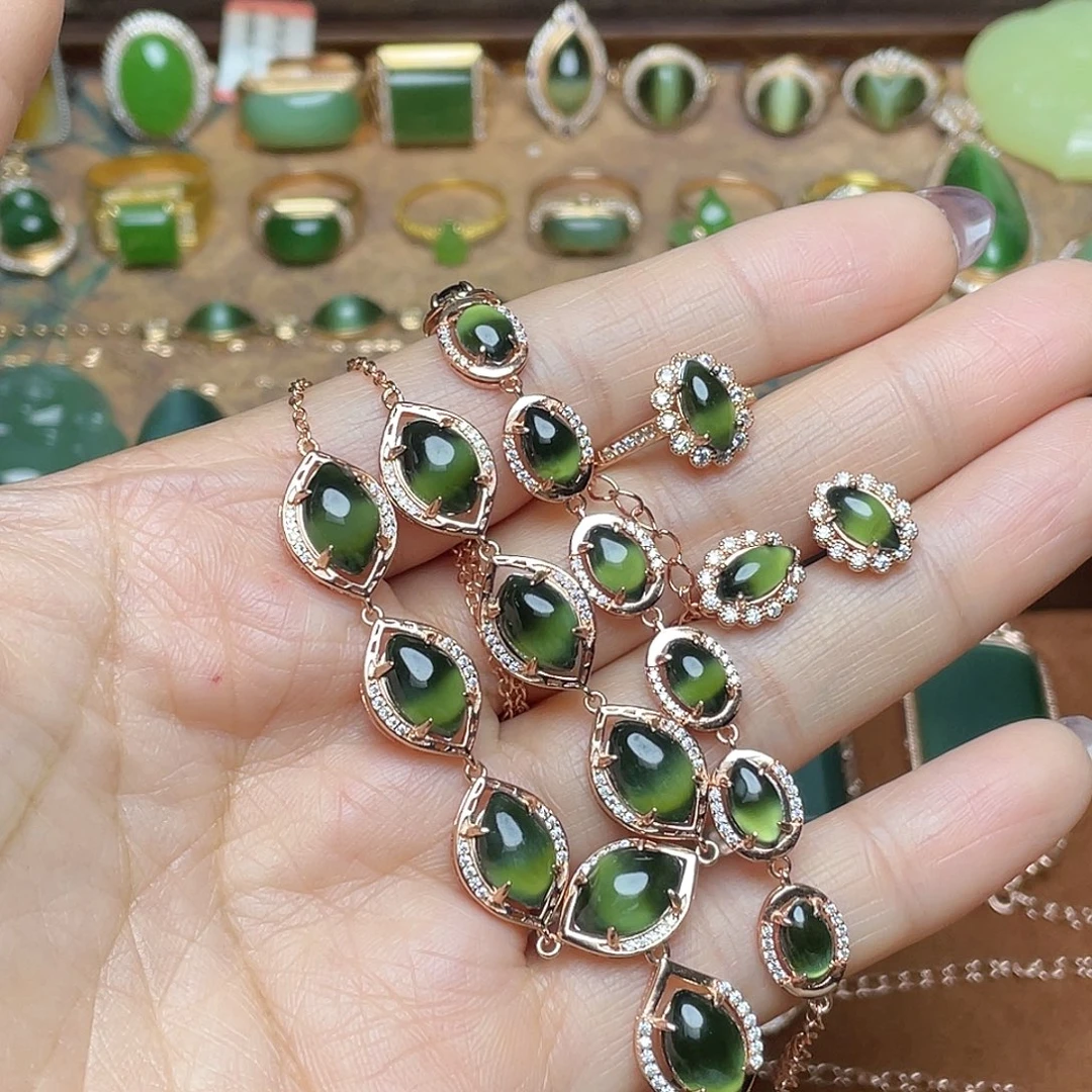 和田玉（碧玉）银S925镶嵌吊坠(不含链)套装