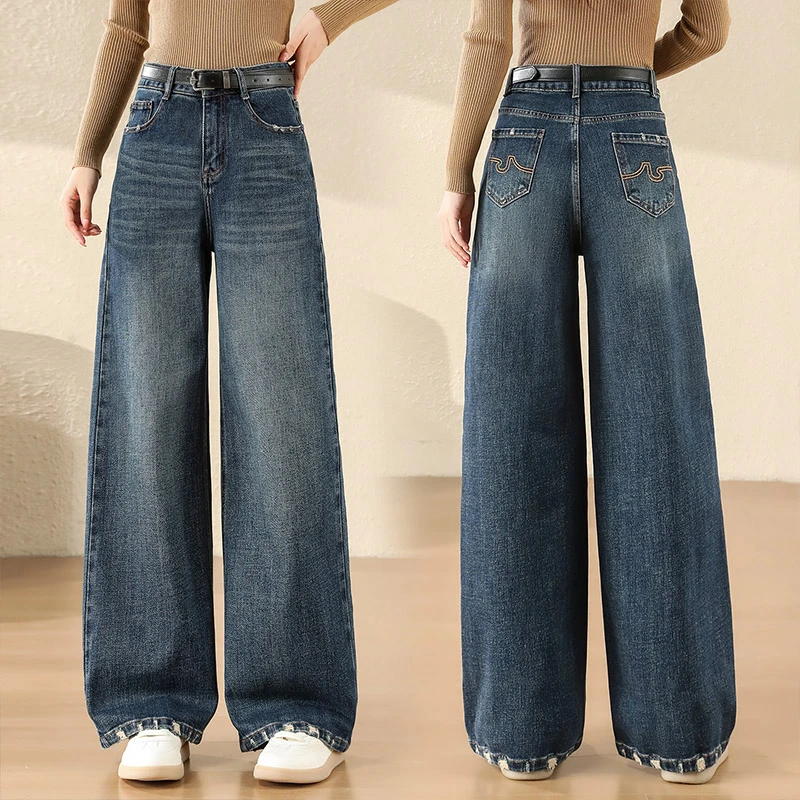雅鹿女高腰深色窄版阔腿裤宽松牛仔裤春秋秋季休闲百搭