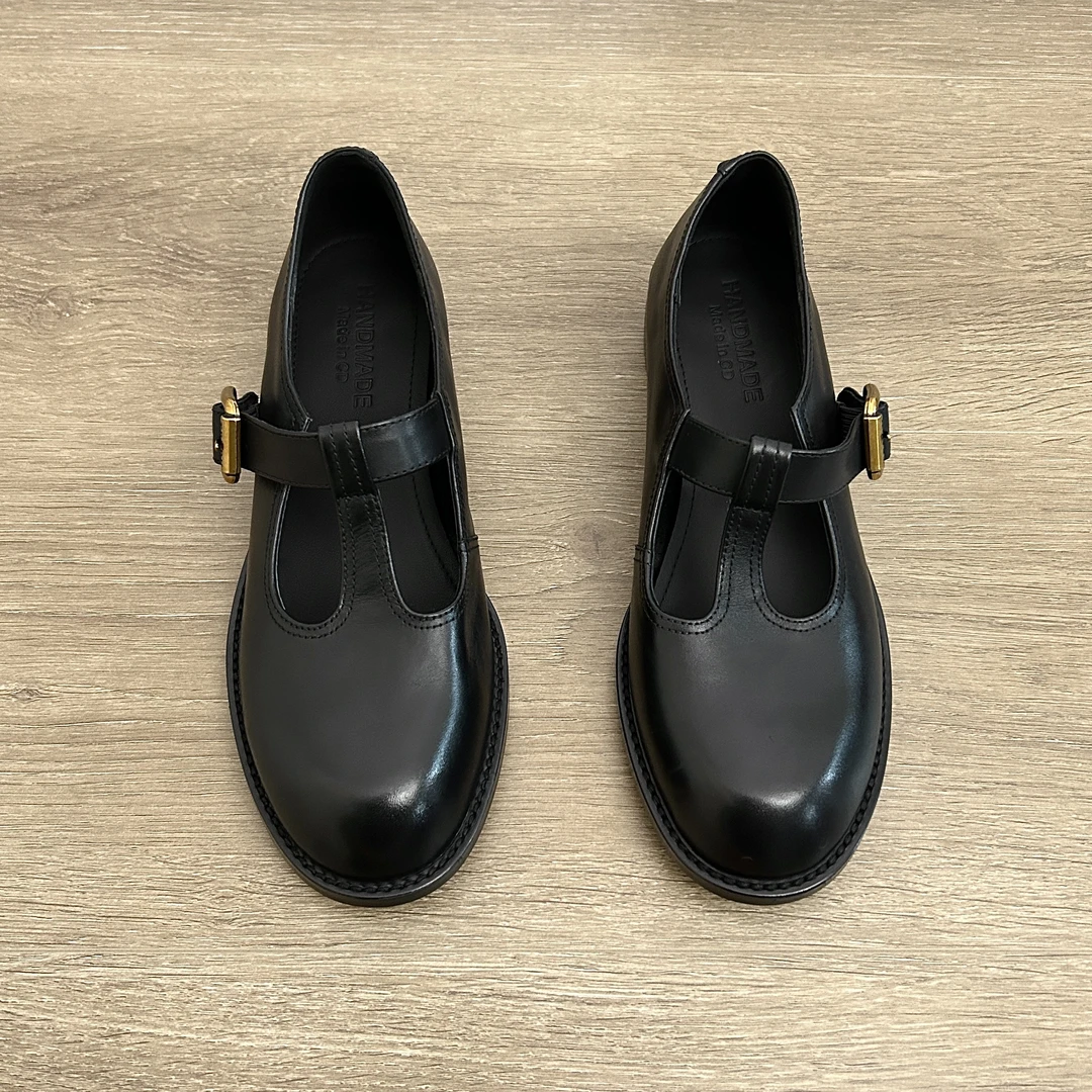 Dannyfrey法式复古丁字扣玛丽珍鞋女2025春秋新款真皮粗跟单鞋