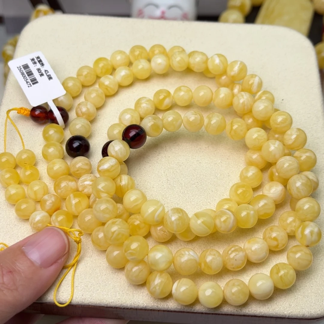 蜜蜡颈饰未镶嵌8大加圆珠108浓白蜡虎皮纹
